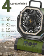 Battery Operated Fan Portable Camping Battery Powered Fan with LED Lantern Light 20000mAh Rechargeable, Oscillating, 360° Rotation Hanging Hook for Tent, Canopy, Beach, Outdoor(Green)