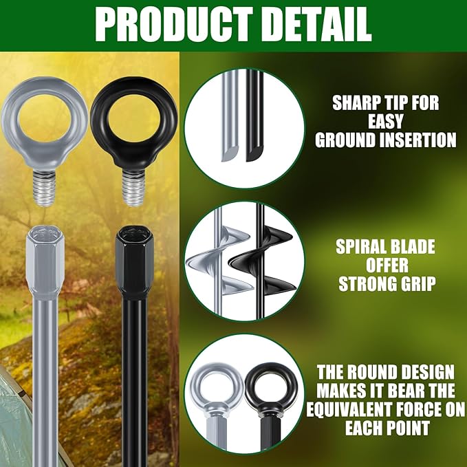 Lasnten 30 Inch Heavy Duty Ground Anchor Spiral Blade Earth Anchor Kit Metal Anchor Hook Beach Sand Stakes Camping for Securing Animals, Shelters, Tents, Canopies (Black, Silver,6 Pcs)