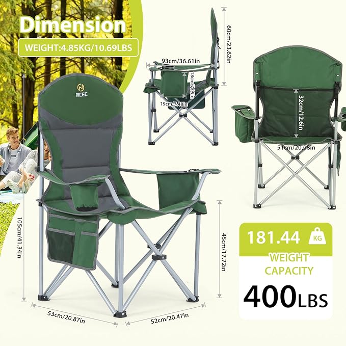 Nice C Camping Chair, Portable Chair, Lawn Chairs, Outdoor Chairs, with Armrest, Cooler Bag, Cup Holder, Side Pocket, for Camping, Traveling, Picnic (Green&Grey 2-Pack)