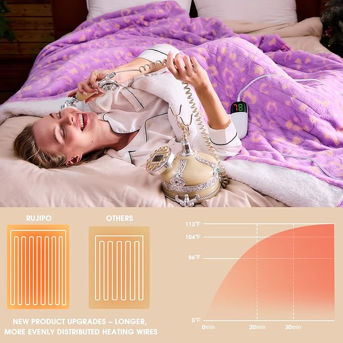 Leopard Print Electric Heated Blanket Queen Size,84X90 Purple Heating Blanket Queen With Dual Control&Timer&10 Heat Levels,Cute Leopard Fleece Sherpa Blankets Warmer Gifts for Bed Women Adults,ETL