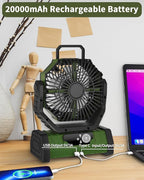 ADUST Camping Battery Powered Fan with LED Light 20000mAh Rechargeable Portable, Oscillating Cordless USB Desk Fan with Rotation Hanging Hook for Tent, Canopy, Beach, Outdoor Travel(Green)