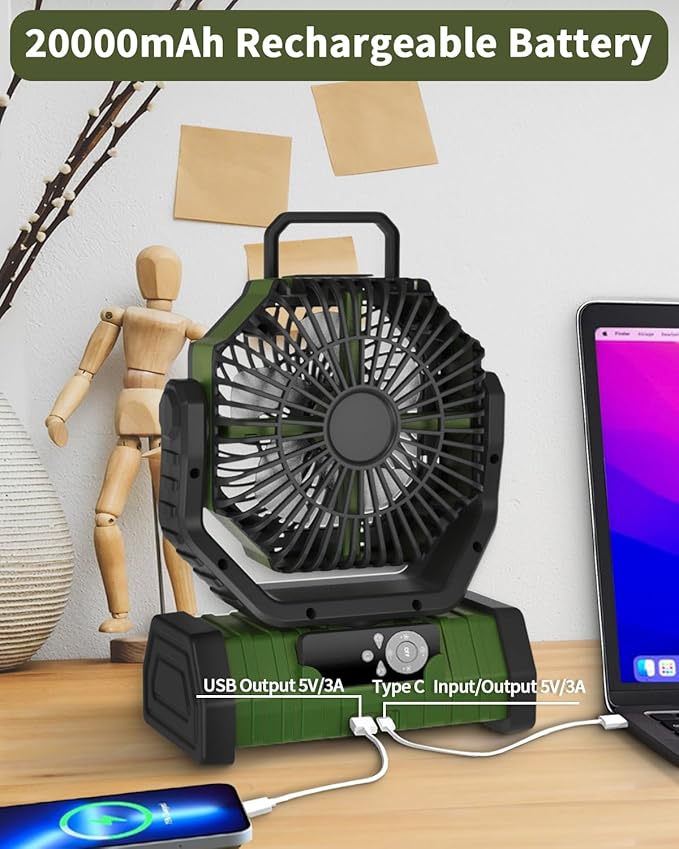 ADUST Camping Battery Powered Fan with LED Light 20000mAh Rechargeable Portable, Oscillating Cordless USB Desk Fan with Rotation Hanging Hook for Tent, Canopy, Beach, Outdoor Travel(Green)