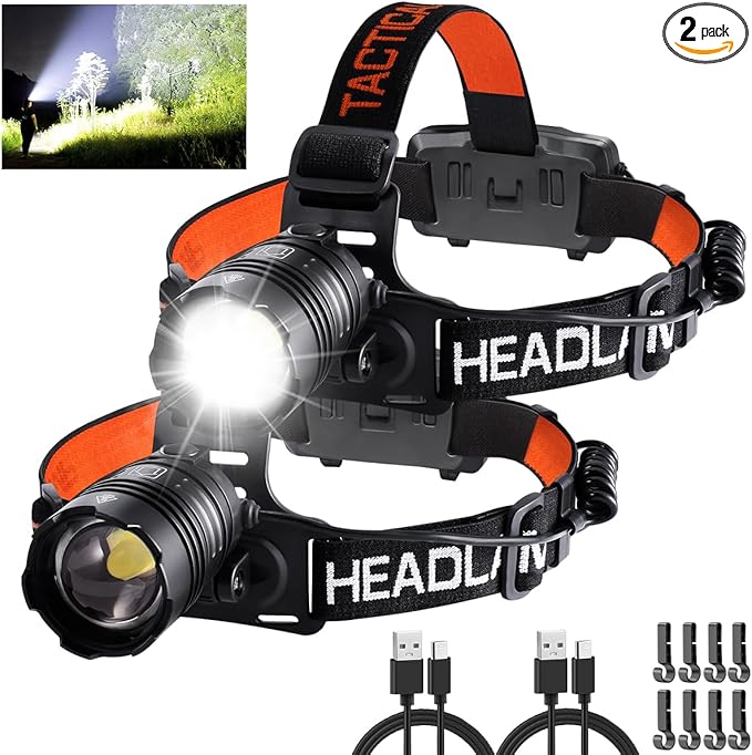 Headlamp Rechargeable 2Pack, Head lamps led rechargeable, Adjustable Focus Headlight Outdoor, 4Mode Head Lights for Forehead, 90°Angle LED Headlamp, Waterproof Headlamps for Adults Camping Hard Hat