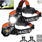 Headlamp Rechargeable 2Pack, Head lamps led rechargeable, Adjustable Focus Headlight Outdoor, 4Mode Head Lights for Forehead, 90°Angle LED Headlamp, Waterproof Headlamps for Adults Camping Hard Hat