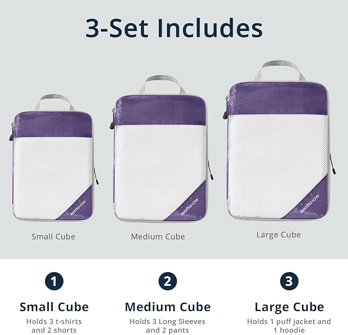 Compression Packing Cubes 3 Set, Compressible Space-Saving Packing Cubes for Travel - Compression Bags, Luggage Organizer, Travel Essentials for Women, Purple