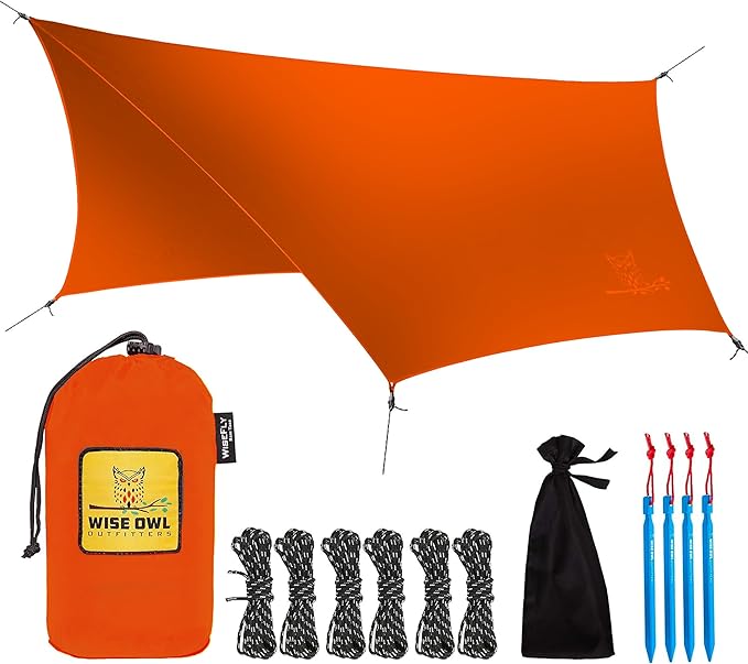 Wise Owl Outfitters Hammock Rain Fly – Waterproof Camping Tarp Cover with Tent Stakes & Carry Bag, Ultralight Shelter for Backpacking & Outdoor Shade