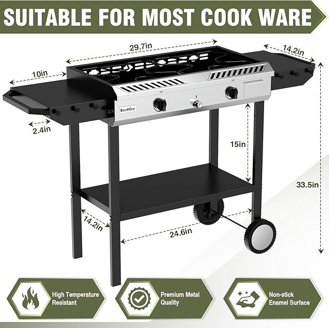BESTFIRE 2 Burner Propane Gas Stove Outdoor Cooking Station – 150,000 BTU Double Cast Iron Burner with Auto Ignition, Regulator, Side Shelves & Wheels – Portable No-Windshield Design for Camping