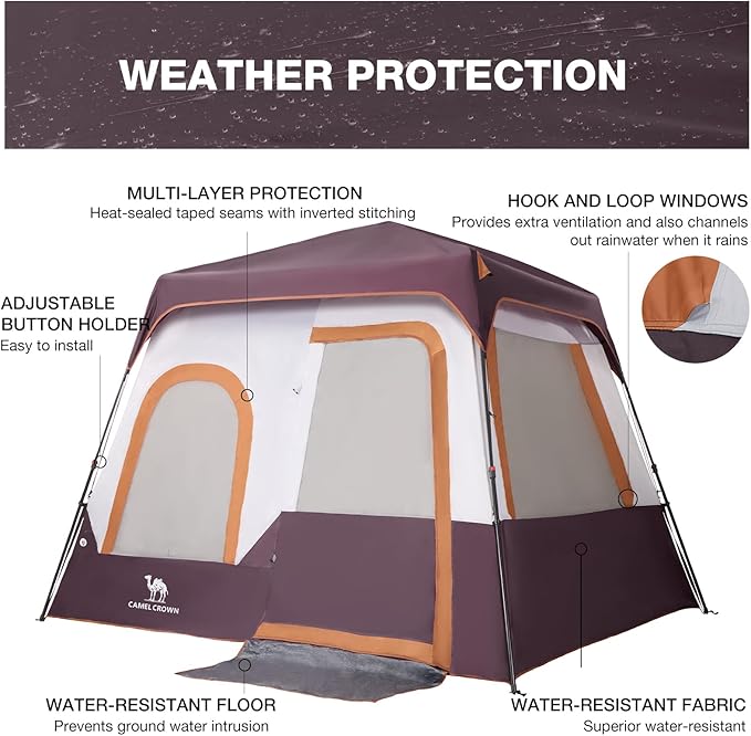 Camping Tents 4/6 Person Pop Up Instant Tent - Setup in 60s for Family Camping, Windproof Design, Family Cabin Tent with Rainfly & Backpack Carry Bag