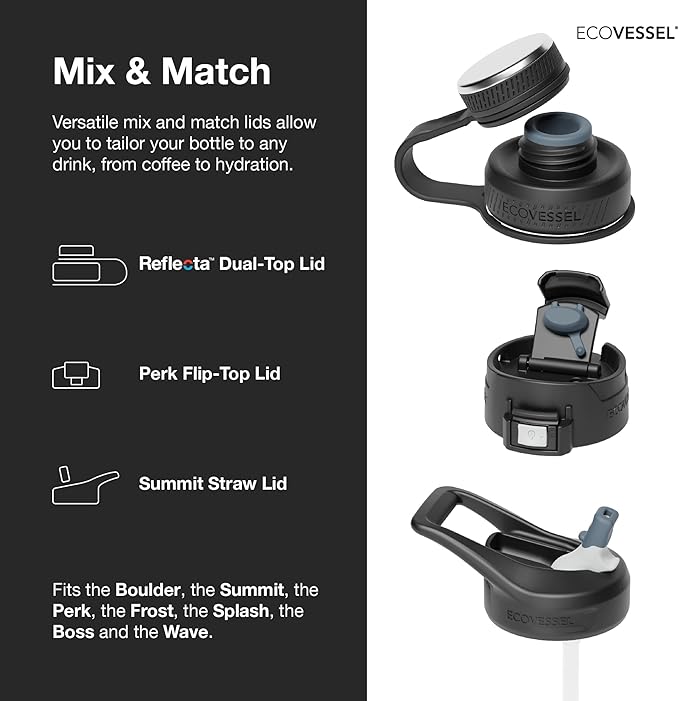 EcoVessel Stainless Steel Water Bottle with Insulated Dual Lid, Insulated Water Bottle with Strainer and Silicone Bottle Bumper, Coffee Mug (Minted Palm, 32 oz)