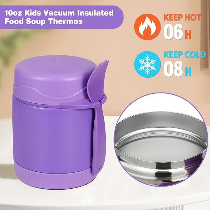 Pawtong10oz Soup Thermo for Hot Food Kids Insulated Food Jar,Thermo Hot Food Lunch Container, Width Mouth Stainless Steel Lunch Box for Kids with Spoon (Purple)