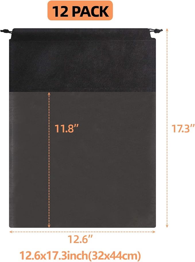 12 Pack Portable Shoe Bags for Travel Large Shoes Pouch Storage Organizer Clear Window with Drawstring for Men and Women Black