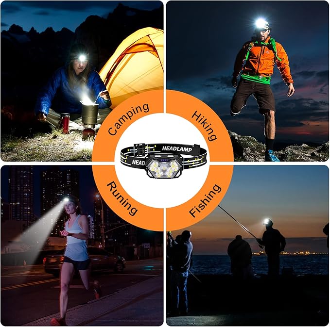 9 LED Headlamp Rechargeable 1 Pack, 2000 Lumens Super Bright Head Lamp with Red Light, 10 Modes, Motion Sensor and Adjustable, IPX5 Waterproof Headlight for Camping Hiking Running