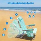 SUNNYFEEL Low Beach Chair, 5-Position Lay Flat Reclining, Backpack Portable Folding Chair with Cooler Bag & Cup Holder, Heavy Duty 350 LBS, Compact for Beach, Camping, Travel