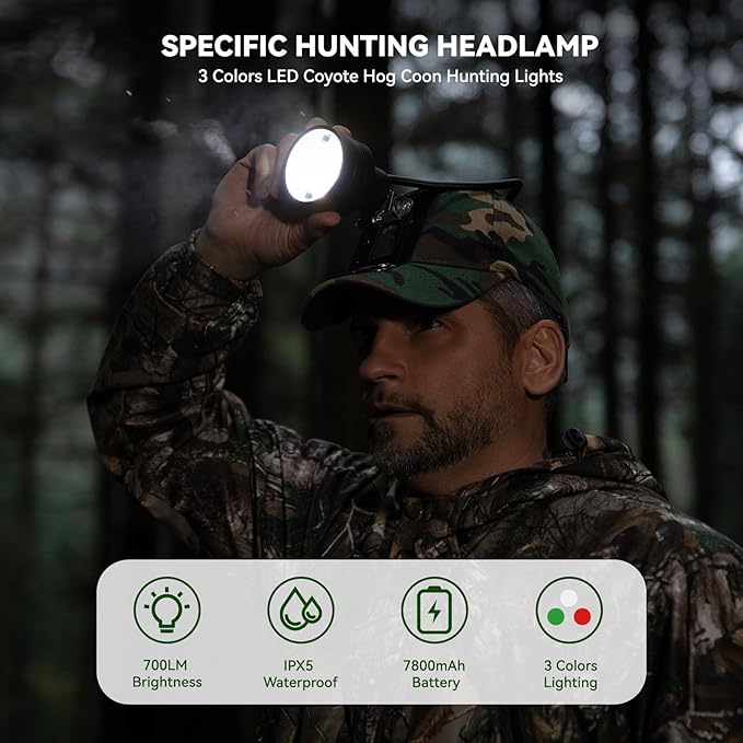 10W LED Coyote Hog Coon Hunting Lights, Rechargeable Hunter Headlamp, Waterproof 60000LUX Super Bright LED Predator Hunter Head Light & 3 Colors (White Red Green), 7 Position Switch