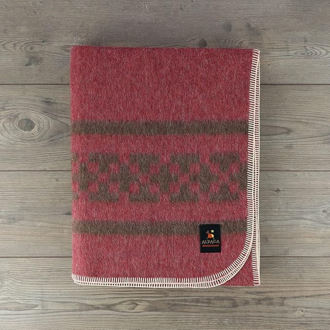 Inca Wall - Thick Alpaca Wool Blanket Heavyweight Camping Outdoors Indoors Soft Peru Twin Size New Ethnic Design (Soft Wine/Brown, Twin Size)