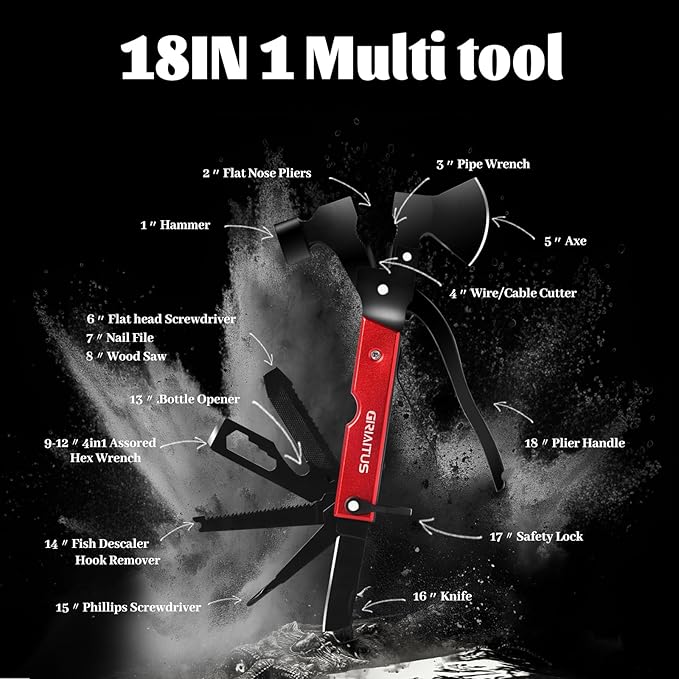 Multitool Camping Accessories Survival Gear, 18 in 1 Camping Kit with Axe Hammer Saw Screwdrivers Pliers Bottle Opener, Knife, Unique Birthday Gifts for Men Dad