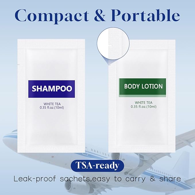 Travel Size Body Wash and Shampoo Bulk,Refreshing White Tea Scent,0.35 fl oz,Individually Wrapped Mini Shower Gel Shampoo Hygiene Kits for Travel/On The Go/Homeless Care/Hotel Guests(Pack of 20)