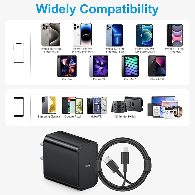 iPhone 17 16 15 Charger Fast Charging 6FT - 20W USB C Charger Block with 6FT Type C to C Cable Compatible with iPhone 17/17 Pro/17 Pro Max/Air/16/16e/15, iPad Pro, iPad Air (Black)