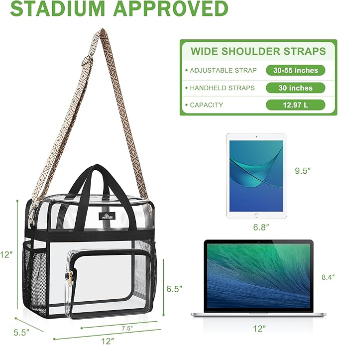 MAY TREE Clear Bag for Stadium Events, 12x6x17 Clear Tote Bag with Removable Strap, Transparent Bag for Concert Sports Gym, Beige Cube-Strap
