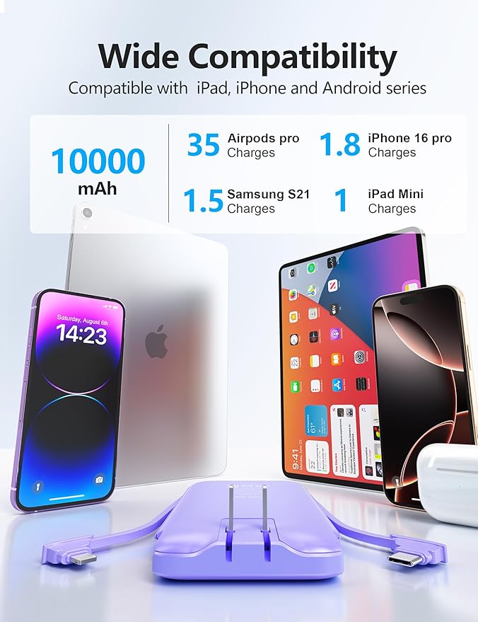 Portable Charger Power Bank with Built-in Cable & AC Plug, 10000mAh Fast USB-C Charger, Slim Mini Battery for iPhone 16/15/14/13/Pro/Max & All USB-C Devices