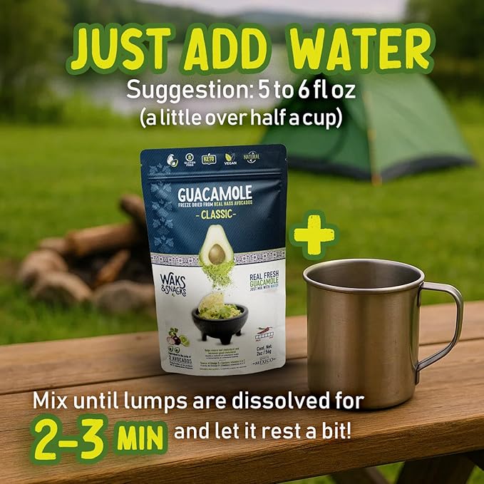 WAKS & SNACKS Freeze Dried Guacamole Classic |100% Fresh Hass Avocados, Perfect for Tortilla Chips | Energizes Camping & Hiking Meals | Vegan, Gluten-Free Guac Dip for Snacks | 2 Avocados | 2 oz, 3-Pack