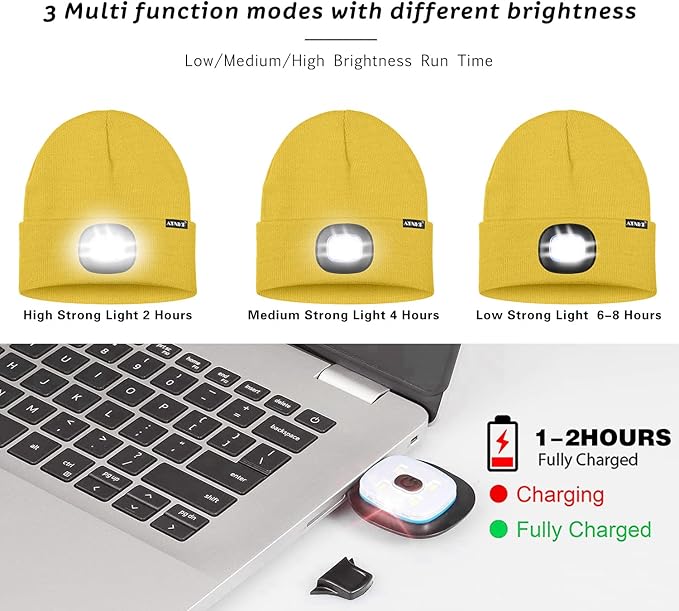 ATNKE LED Lighted Beanie Hat,USB Rechargeable 4 LED Running Headlamp Bright Cap with The Light Gifts for Men and Women