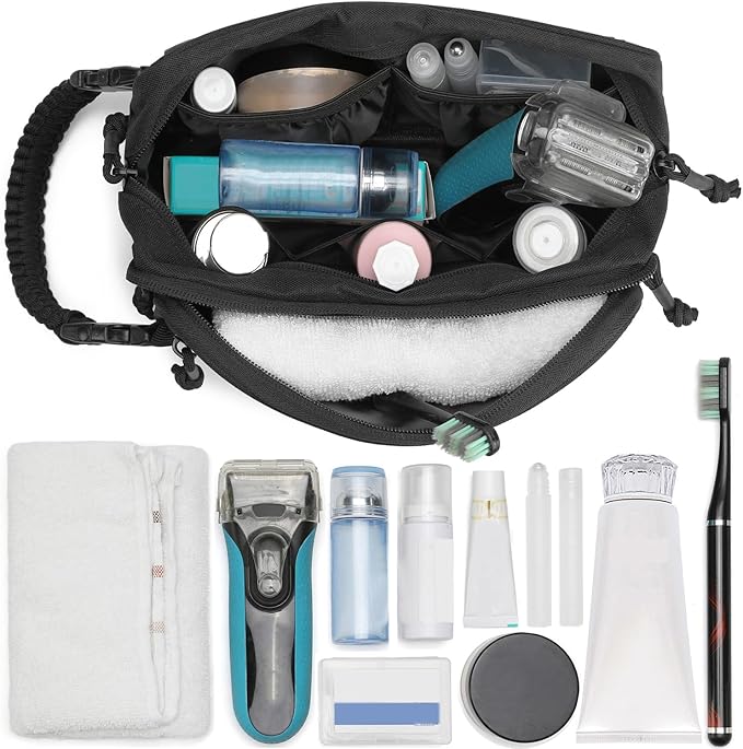 Tactical Toiletry Bag for Men Dry Wet Separate Dopp Kit Travel Hygiene Bag EDC Utility Tool Molle Pouch Mens Shaving Kit Travel shower Bags (Black)