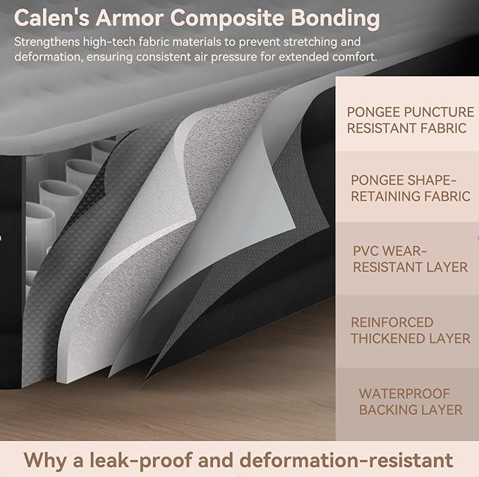 Calen Armor Tech Queen Air Mattress with Built in Pump,18”Luxury Inflatable Mattress with Six Side Protective layer Topper for Camping,Home, Fast Inflation/Deflation Airbed Waterproof Blow up Mattress