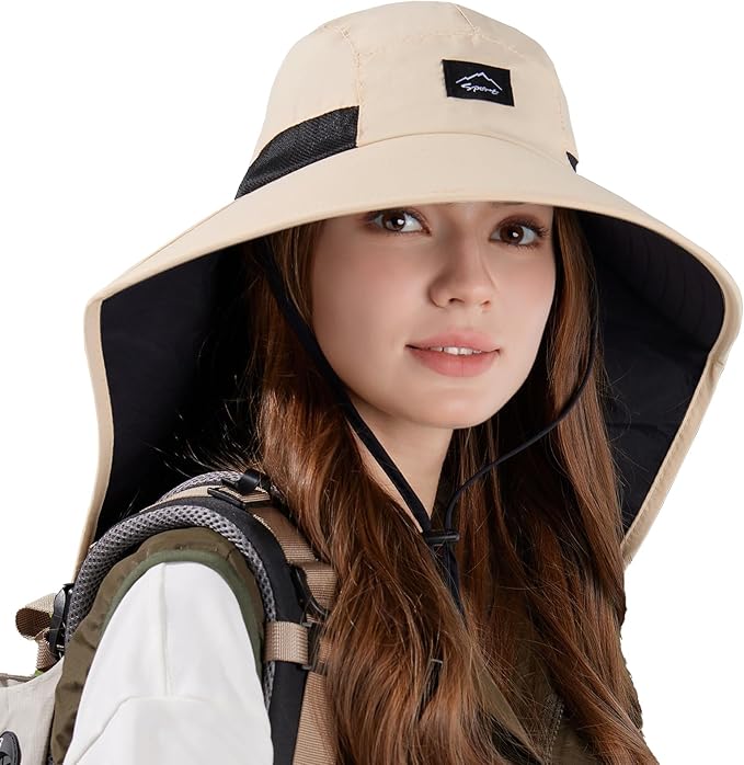 Rosoz Outdoor Sun Hat for Men Women, UPF50+ Protection Safari Cap Wide Brim Mesh Fishing Hat with Neck Flap Beach Garden