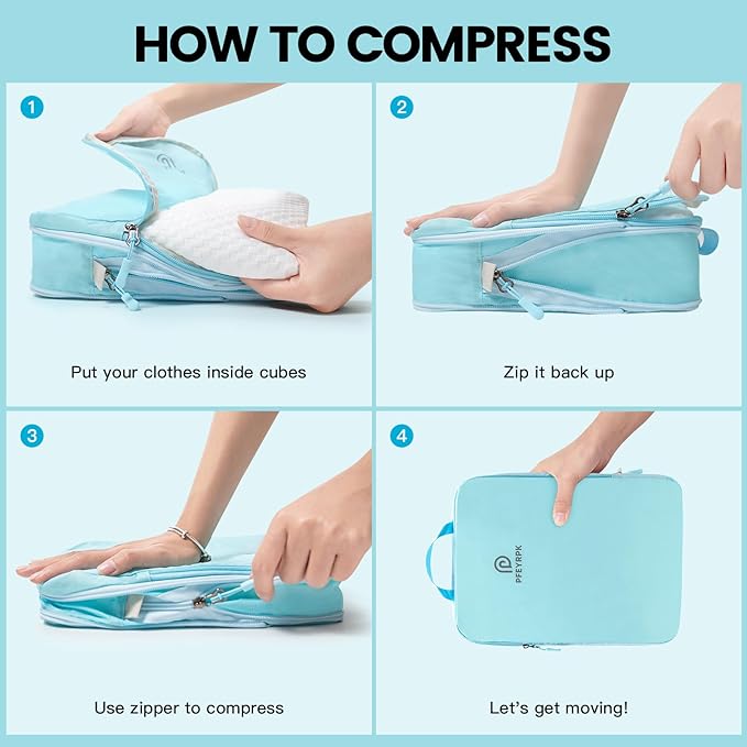 Lightweight Compression Packing Cubes for Suitcases, Compressible Expandable Travel Packing Organizer with Clear Toiletries and Backpack Bag, Travel Essentials for Carry on Luggage 7 Set
