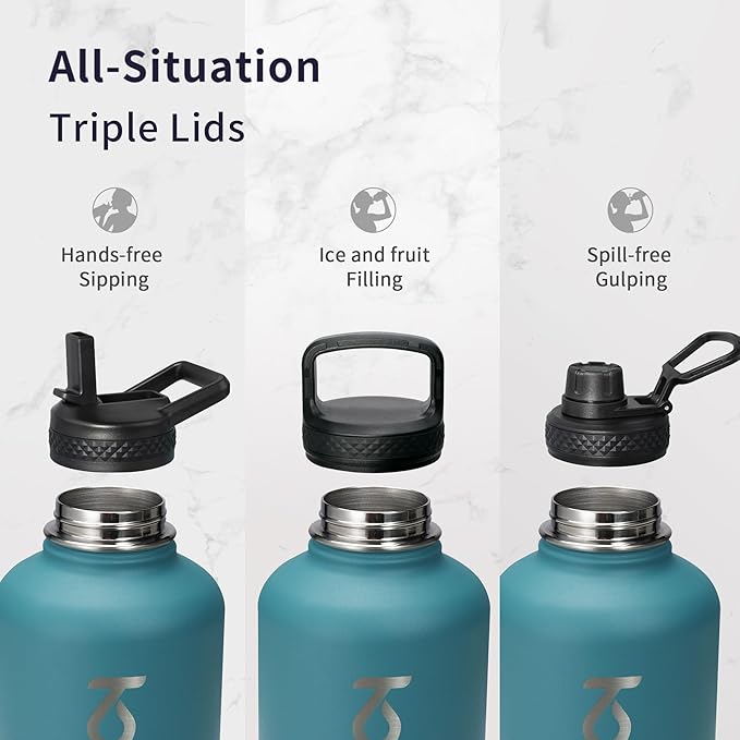 Trebo Insulated Water Bottle 64 oz, Half Gallon Metal Vacuum Water Jug with Handle and 3 Lids, Leakproof BPA-Free Water Flask for Gym Sports Hiking Travel, Keep Cold 48 Hours, Cyan Blue