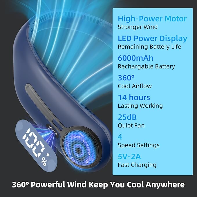 Portable Neck Fan,Hands Free Personal Wearable Bladeless Fan,6000mAh USB Rechargeable,360° Cooling,LED Display,4-Speeds,Birthday Gifts for Men Women Dad Mom,Outdoor Indoor Travel Camping (Blue)