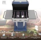 Kenmore 3-Burner Propane BBQ Grill, 30,000 BTUs Gas Grill with Cast Iron Cooking Grates, Folding Side Tables & Wheels, Outdoor Grill with Tool Hooks, Azure Blue + Bonus Cover