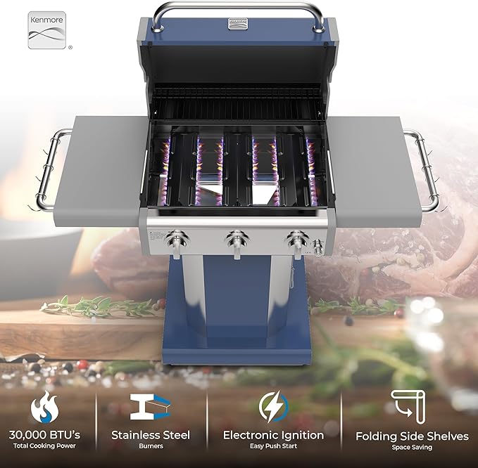 Kenmore 3-Burner Propane BBQ Grill, 30,000 BTUs Gas Grill with Cast Iron Cooking Grates, Folding Side Tables & Wheels, Outdoor Grill with Tool Hooks, Azure Blue