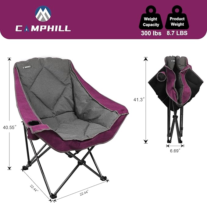 Folding Camping Chair,Oversized Portable Camping Chair with Cup Holder,Heavy Duty Padded Lawn Chair for Camping, Tailgates, Beach, and Sports