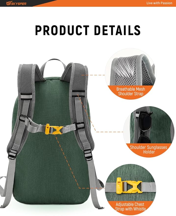 SKYSPER Foldable Small Backpack – 20L Lightweight Hiking Daypack with Chest Belt Packable Travel Rucksack for Women Men