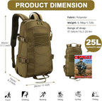 25L Hiking Backpack Small Tactical Backpack Daypack Camping Trekking Hunting Molle Pack for Men Women, Khaki