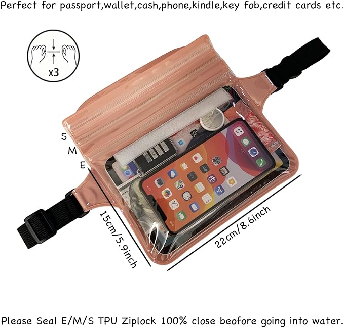 Waterproof Waist Pouch Dry Belt Bag Fanny Pack Keep Your Key Fob Wallet Kindle Phone Dry Perfect For Swim Surf Snorkel(Pink)