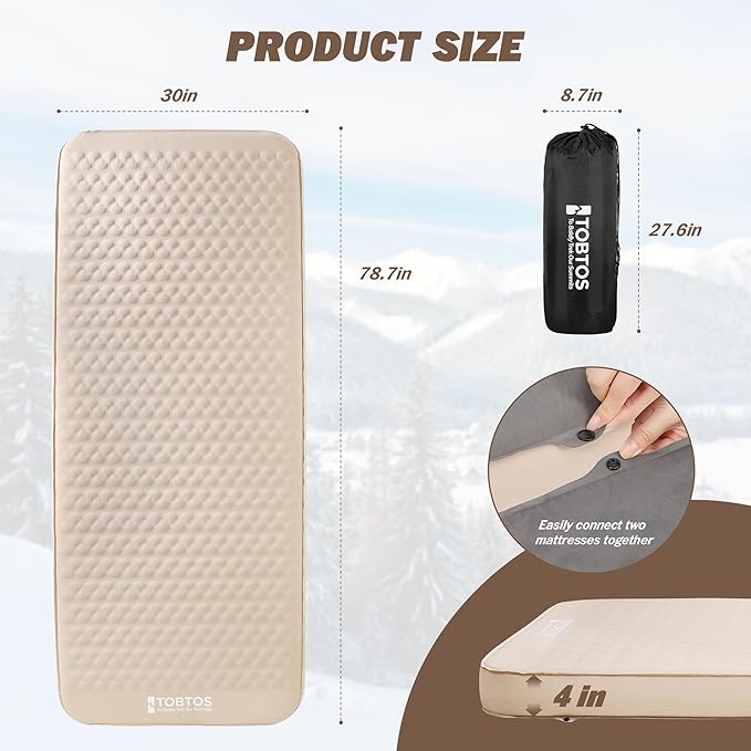 TOBTOS 4" Thick Self Inflating Sleeping Pad with Electric Pump, Ultra-Compressible Foam Air Camping Mattress, Fast Inflate/Deflate, All-Season Insulated Sleeping Mat for Tent, Car, Camping