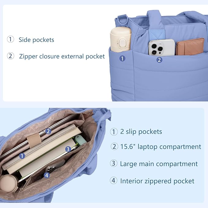 Tote Bag for Women Puffer Work Tote Handbag Large Quilted Nurse Bag with Zipper for Travel