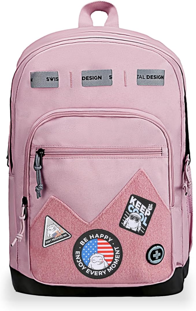 Swissdigital Design Big Student Laptop Backpack with Fun Personalized Patches For College Boy & Girl, Middle High School Teen Bookbag Cool Travel Daypack Pink -Includes 3 Patches | SD1718-81