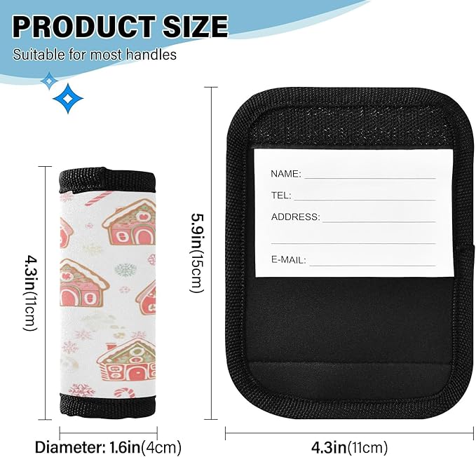 4 Pack Gingerbread Houses Luggage Handle Wrap, Detachable Luggage Tag, Neoprene Suitcase Wrap with Comfort Grip & Bright Identifier for Suitcase, Travel Bag, Sports Bag