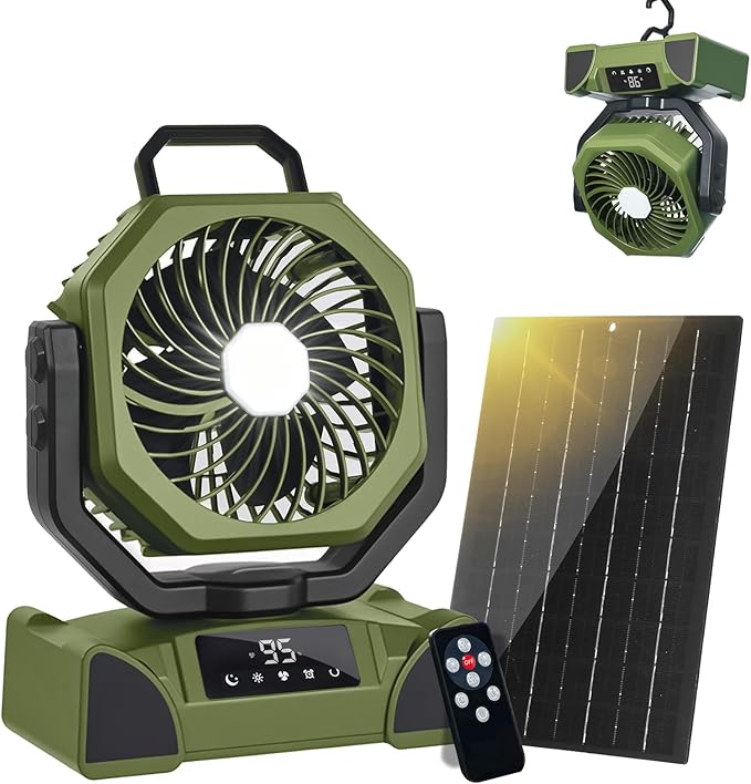 20000mAh Solar Camping Fan, Portable Rechargeable Battery & Solar Powered Fan with 7W Solar Panel, Remote Control, Auto Oscillating, LED Display, Light, Timer for Outdoor Camp, Beach, Travel Tent