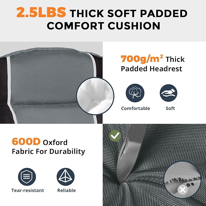 Oversized Camping Chair for Large Adults Heavy Duty 400 lbs Capacity, Comfortable Padded Folding Lawn Chair with Back & Headrest Support and Cup Holder, Portable Outdoor Chair with Carry Bag