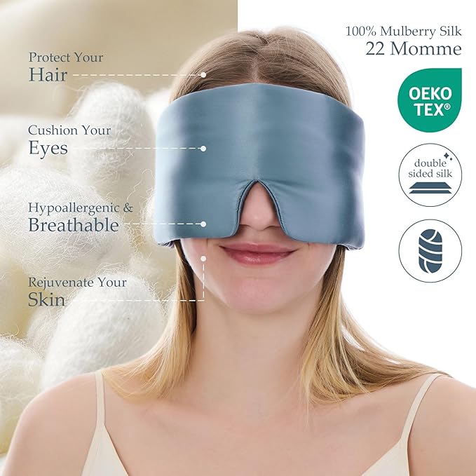 100% Mulberry Silk Sleep Mask, Large Size Travel Eye Masks for Side Sleepers, Adjustable Sleeping Mask for Women and Men, 100% Blackout Eye Mask for Sleeping Light Blue