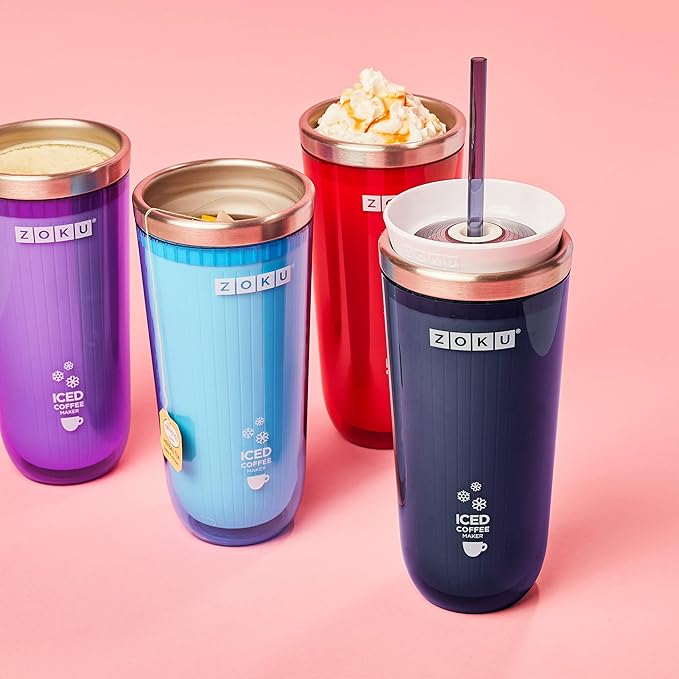 Zoku Instant Iced Coffee Maker, Reusable Beverage Chiller Cools Hot Beverages in Minutes Without Dilution, Portable 11-ounce Tumbler With Spill-resistant Lid and Straw, Grey