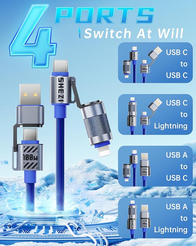 4 in 1 USB C Cable Lightning Cable,100W Fast Charging & Data Transfer,iPhone iPad Charger Cord with Lightning/Type C/USB A for iPhone 16/15/Macbook,IPad,5FT Blue [SHEZI Series]