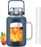 BLUEGO Water Bottle 64 oz Tumbler with Lid and Straw, Glass Water Bottle with Straw, Water Tumbler with Handle Half Gallon Water Jug Large Waterbottle for Daily Water Intake, BPA Free, Dark Blue