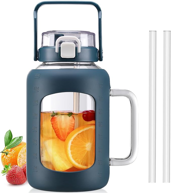 BLUEGO Water Bottle 64 oz Tumbler with Lid and Straw, Glass Water Bottle with Straw, Water Tumbler with Handle Half Gallon Water Jug Large Waterbottle for Daily Water Intake, BPA Free, Dark Blue