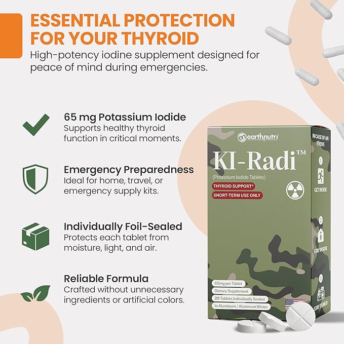 EarthNutri KI-Radi™ Potassium Iodide Tablets 65 mg – High Potency Iodine Supplement for Thyroid Support, Emergency Preparedness – Potassium Supplement in Foil-Foil Blister Seal – 200 Tablets (10 Pack)